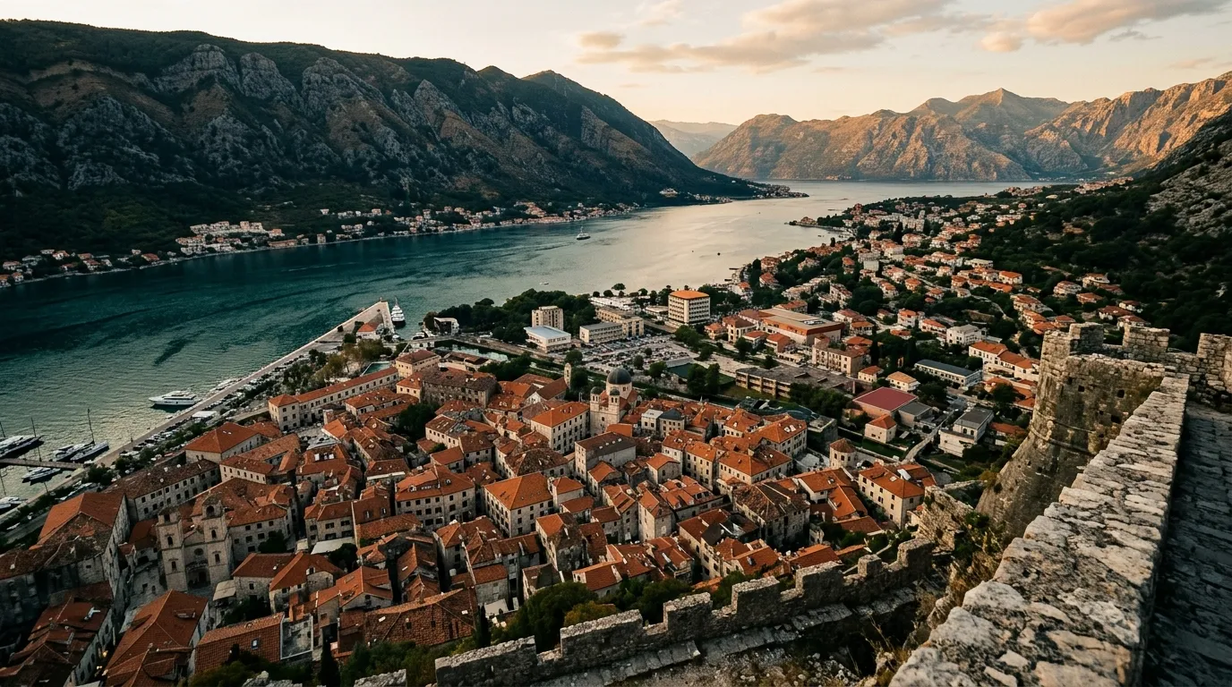 Stare miasto Kotor widziane z murów obronnych — domy i zatoka w dole