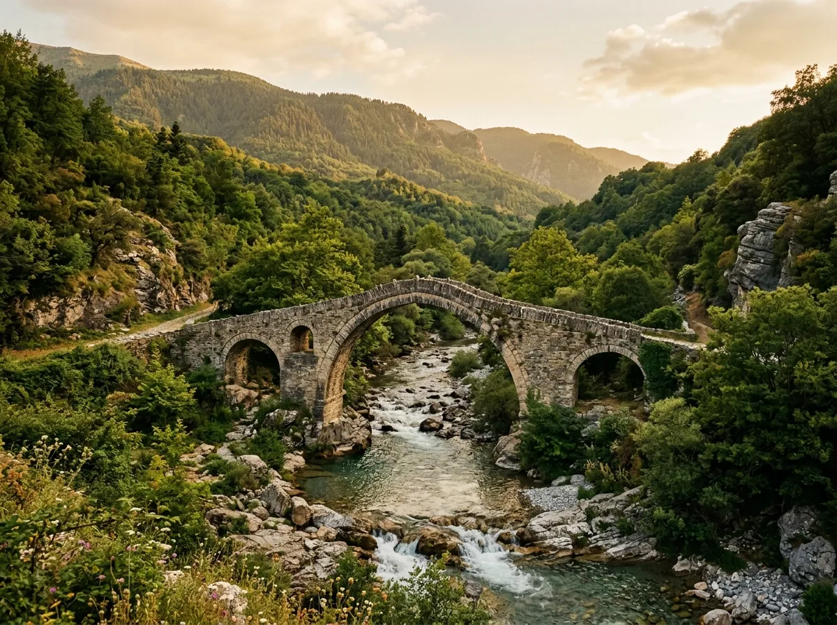 Kamienne mostki w Zagori — tradycyjny łukowy most nad górskim potokiem wśród zieleni
