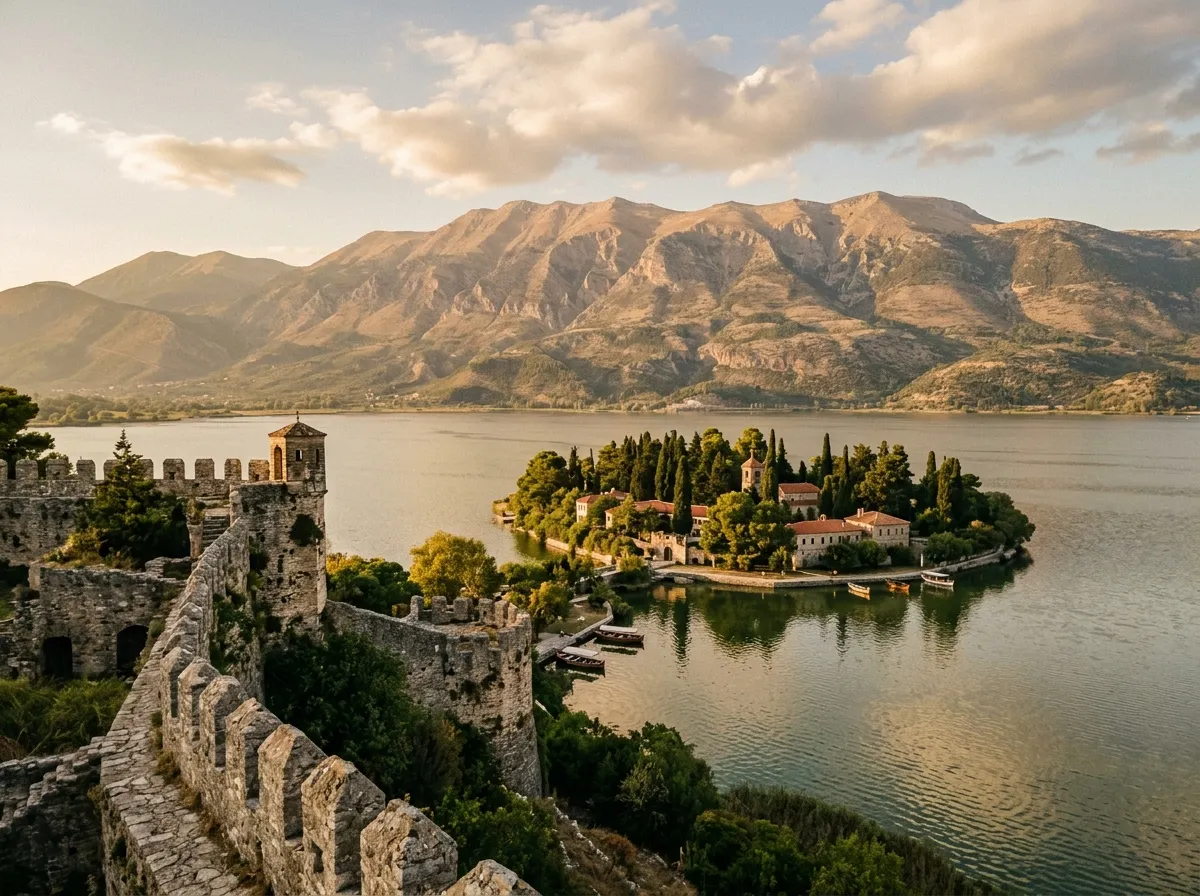 Widok na jezioro Pamvotis z twierdzy w Ioanninie — wysepka z klasztorami na tle gór