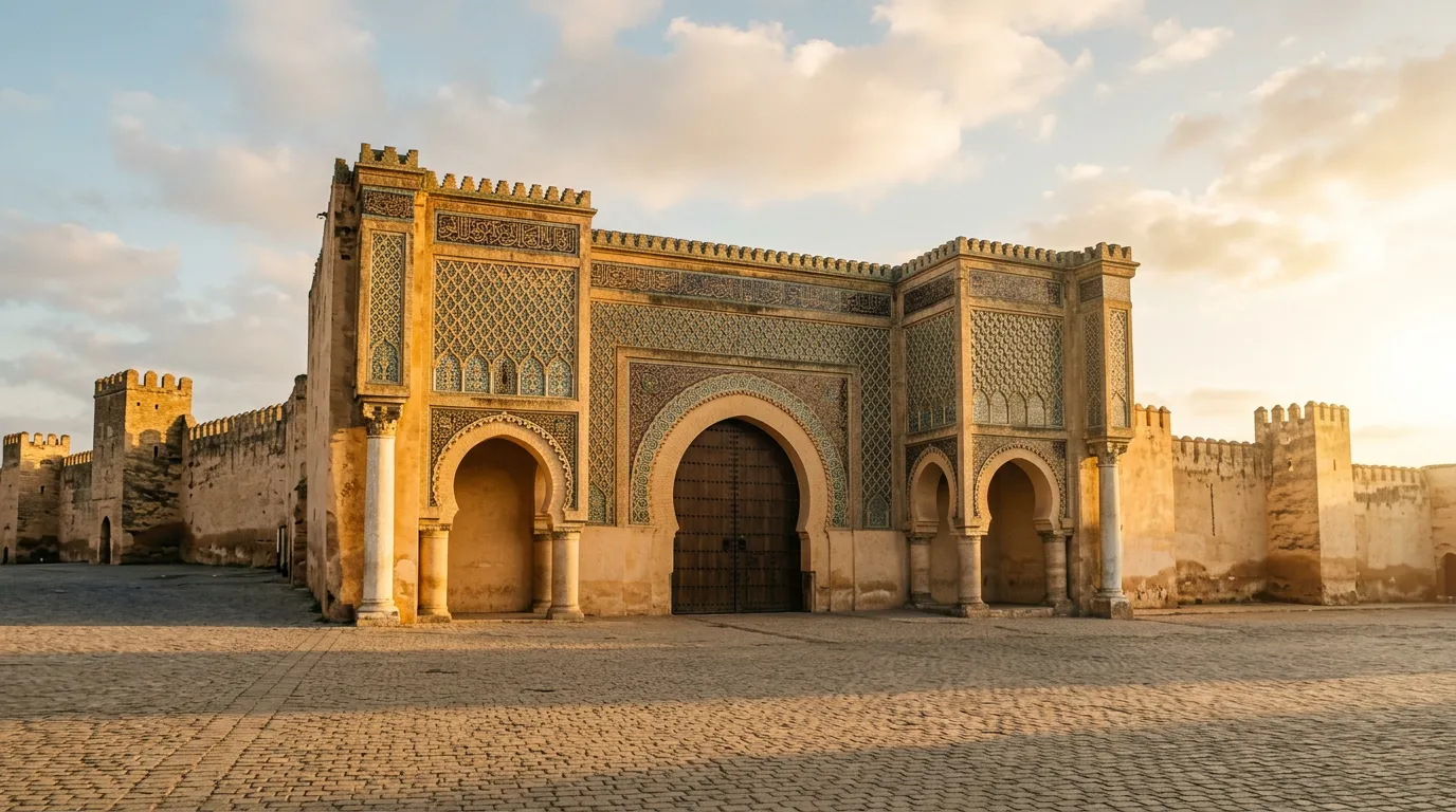 Brama Bab Mansour w Meknes, ozdobiona mozaiką zellige, w złotym świetle popołudnia