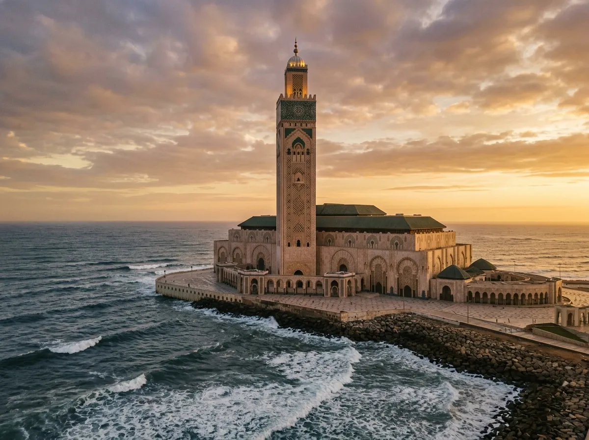 Meczet Hassana II w Casablance, ogromny minaret na tle oceanu