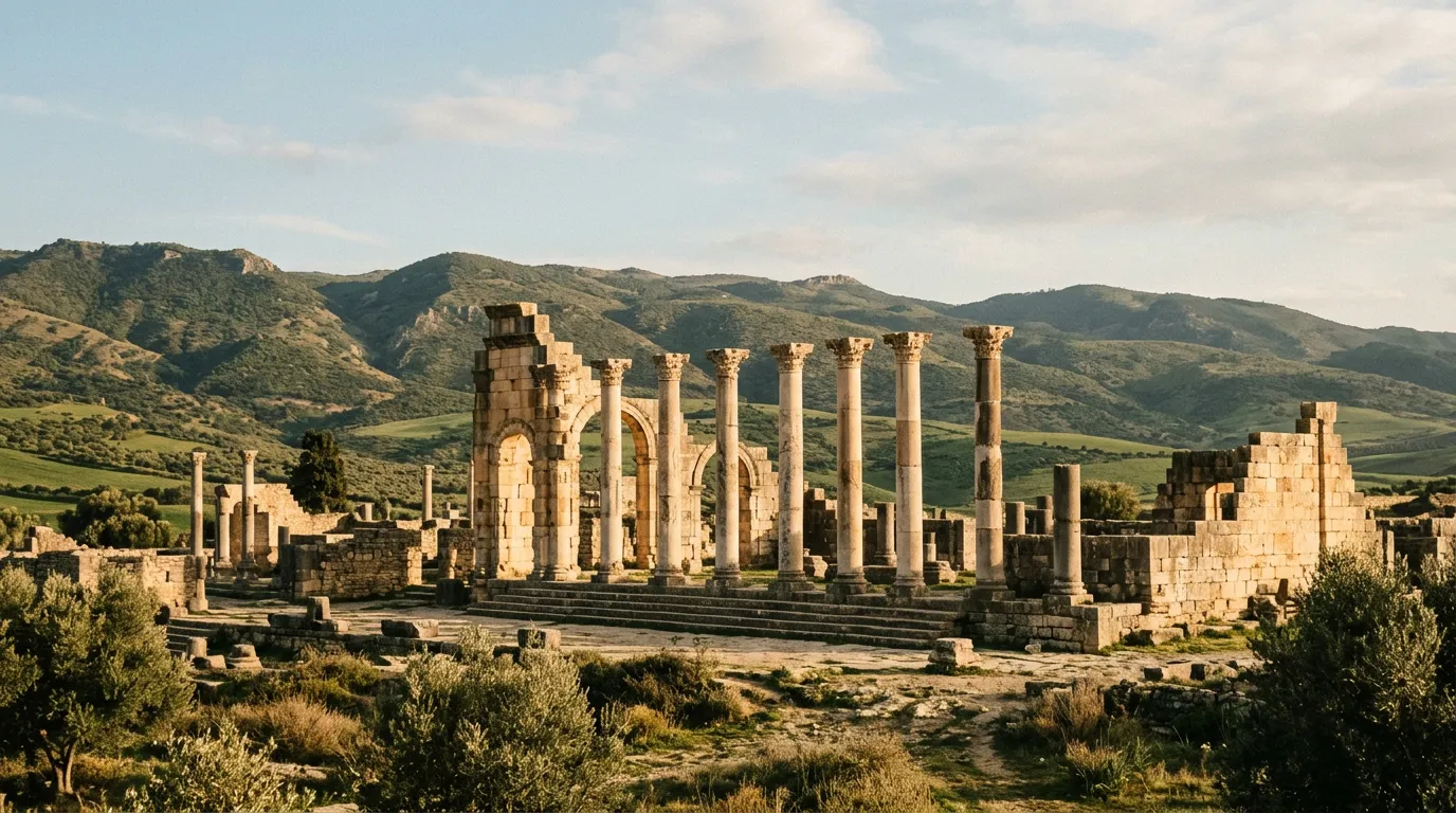Ruiny rzymskie Volubilis, kolumny na tle zielonych wzgórz Maroka