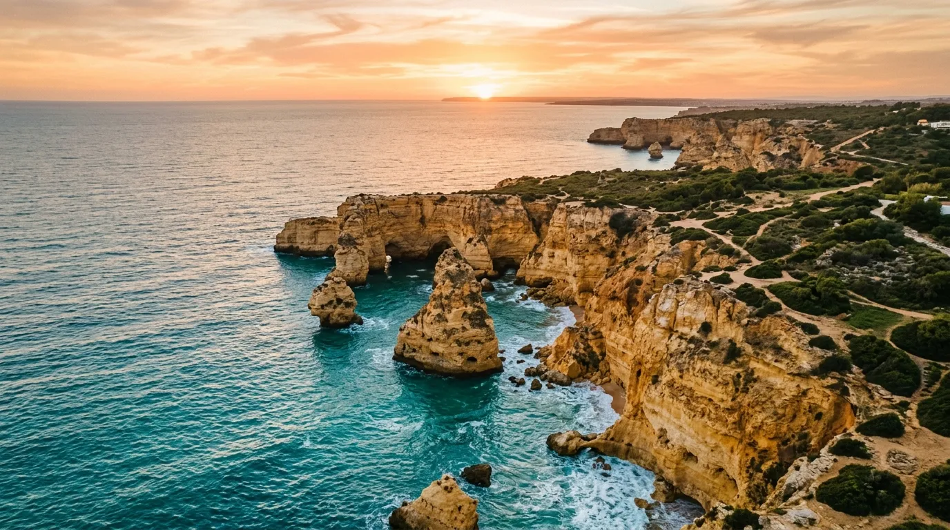 Klify Algarve o zachodzie słońca, widok z góry na turkusową wodę i złote skały