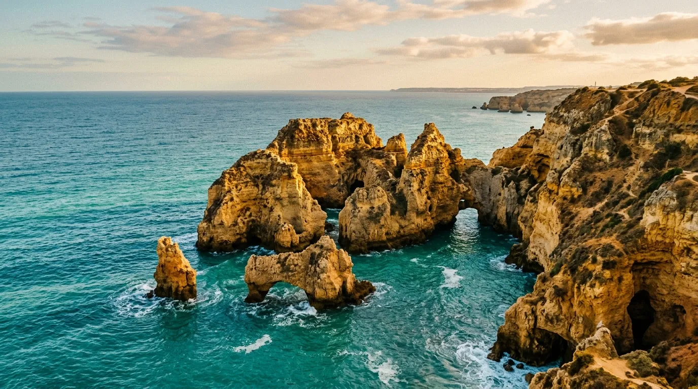 Skaliste formacje Ponta da Piedade w Lagos, złote klify nad turkusową wodą