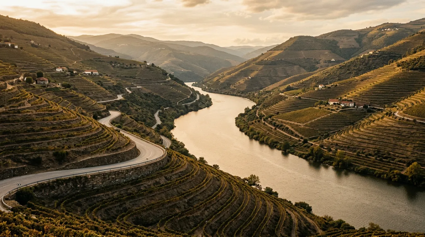 Droga N222 wzdłuż rzeki Douro, tarasowane winnice po obu stronach doliny