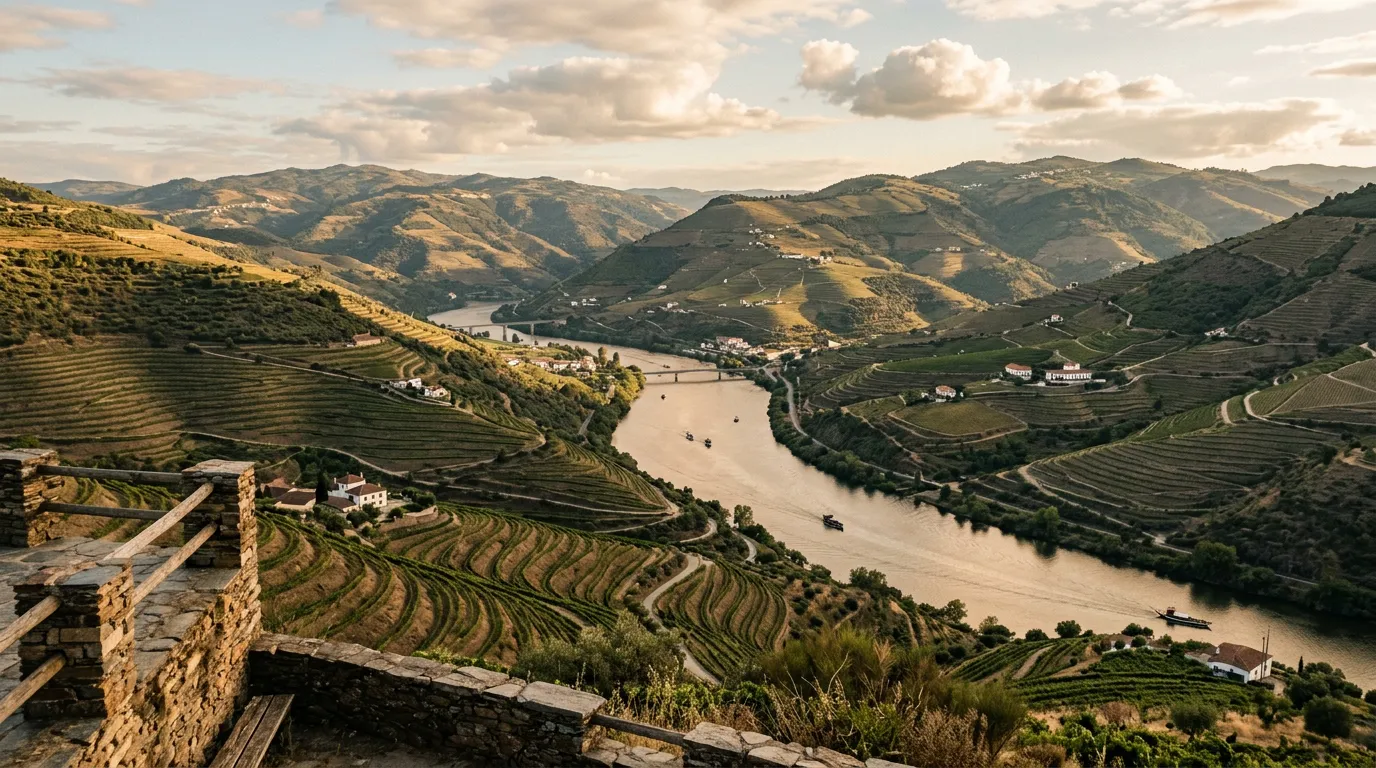 Panorama doliny Douro z punktu widokowego, tarasowane winnice opadające ku rzece