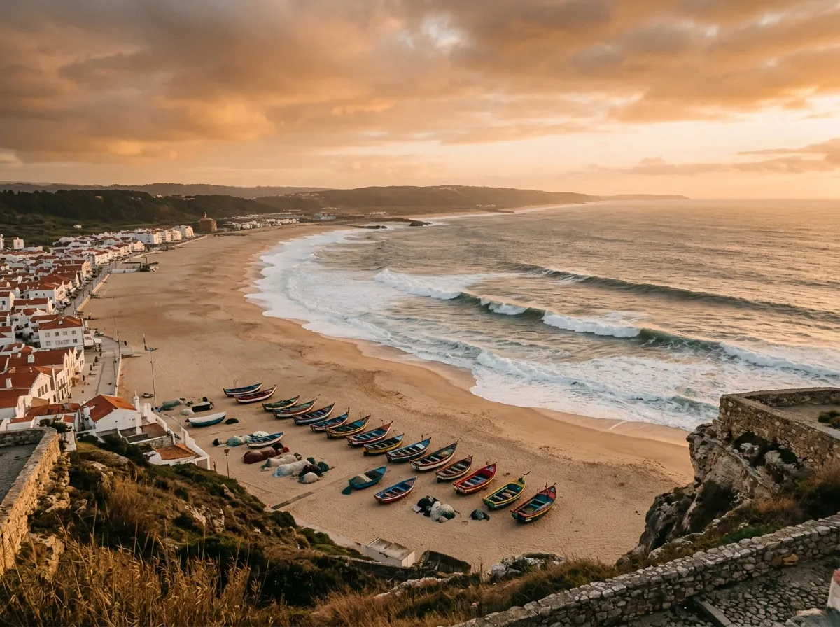 Nazare widziana z klifu Sitio, plaża, kolorowe łodzie rybackie na piasku