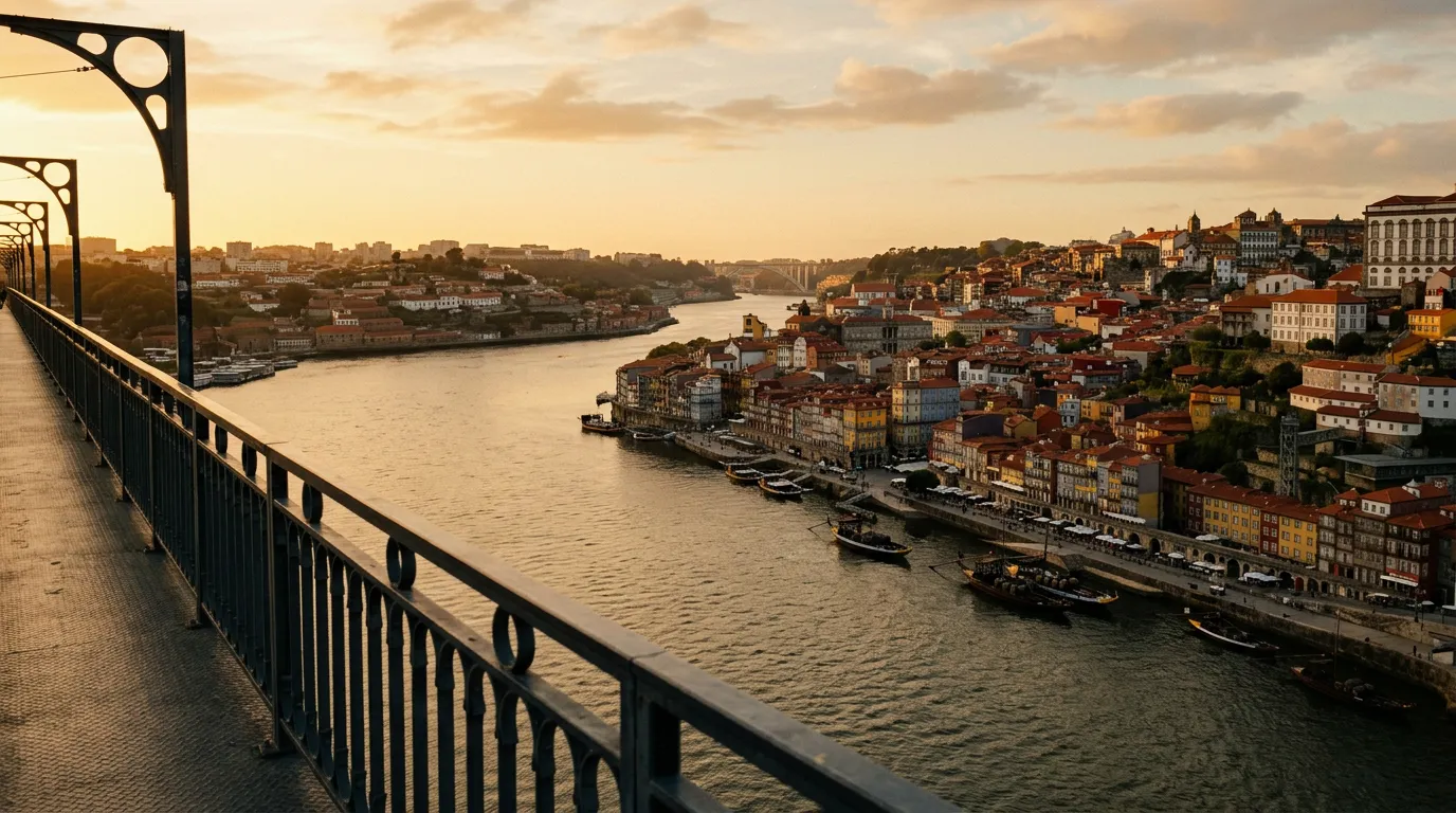 Widok na Porto z mostu Luisa I, kolorowe kamienice nad Douro, łodzie z beczkami wina