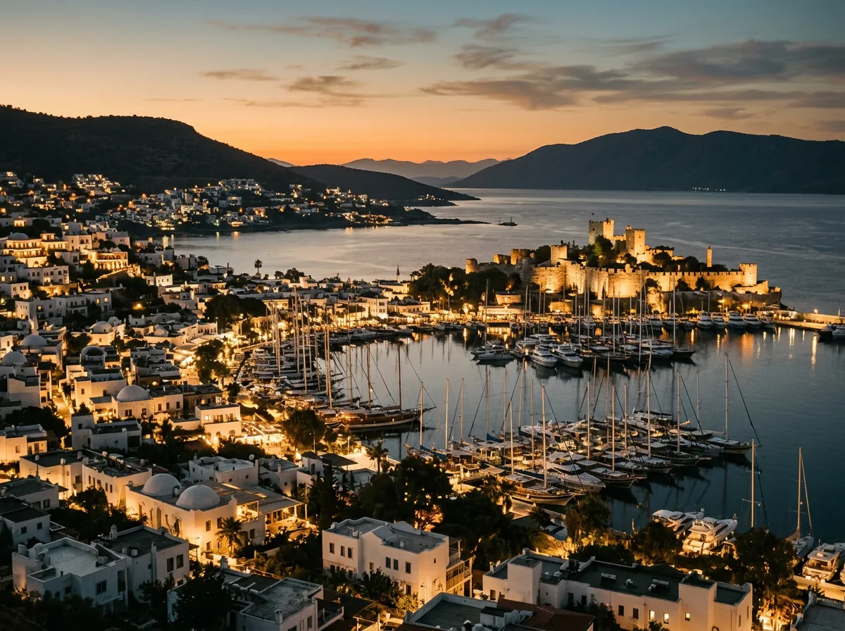 Bodrum o zmierzchu — białe domy na zboczu, zamek nad portem, jachty w marinie