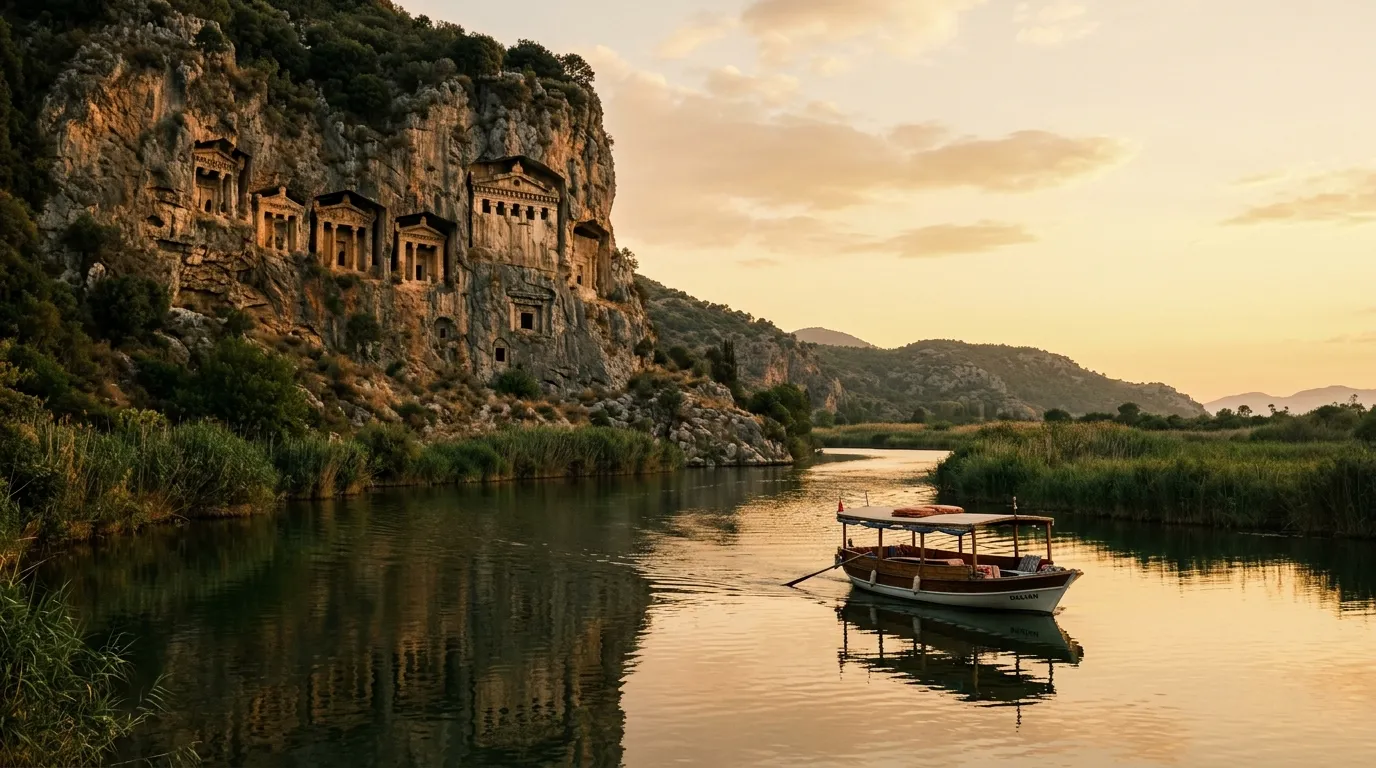 Rzeka Dalyan z grobowcami licyjskimi wykutymi w skalnej ścianie, łódź na spokojnej wodzie