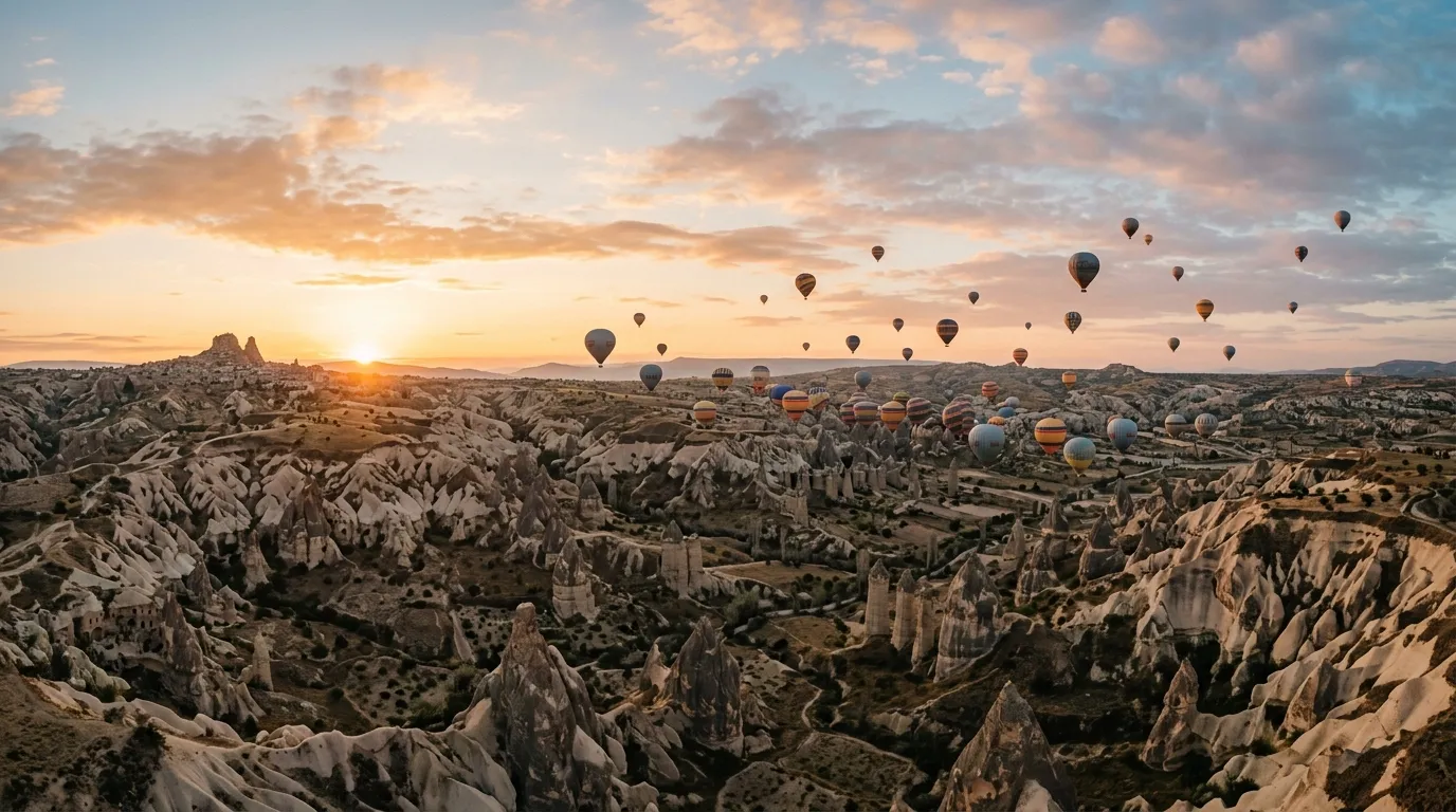 Panorama Kapadocji o wschodzie słońca z balonami nad doliną kamiennych kominów w Göreme
