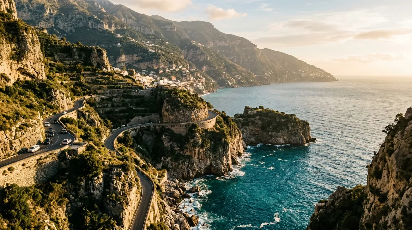 Droga SS163 wije się nad morzem między Positano a Amalfi, klify opadają stromo do turkusowej wody