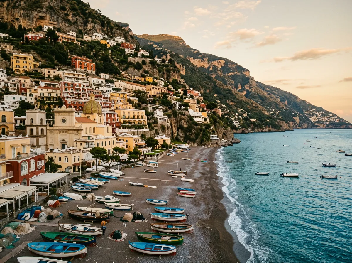 Kolorowe domy Positano schodzące kaskadą ku morzu, łodzie rybackie na plaży