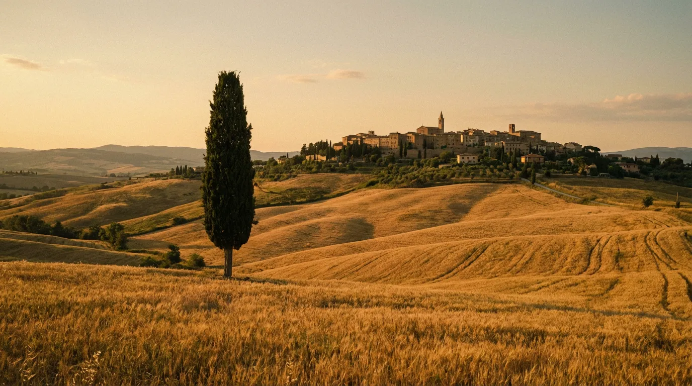 Toskańskie wzgórza Val d'Orcia z samotnym cyprysy, złote pola i miasteczko na wzgórzu w tle