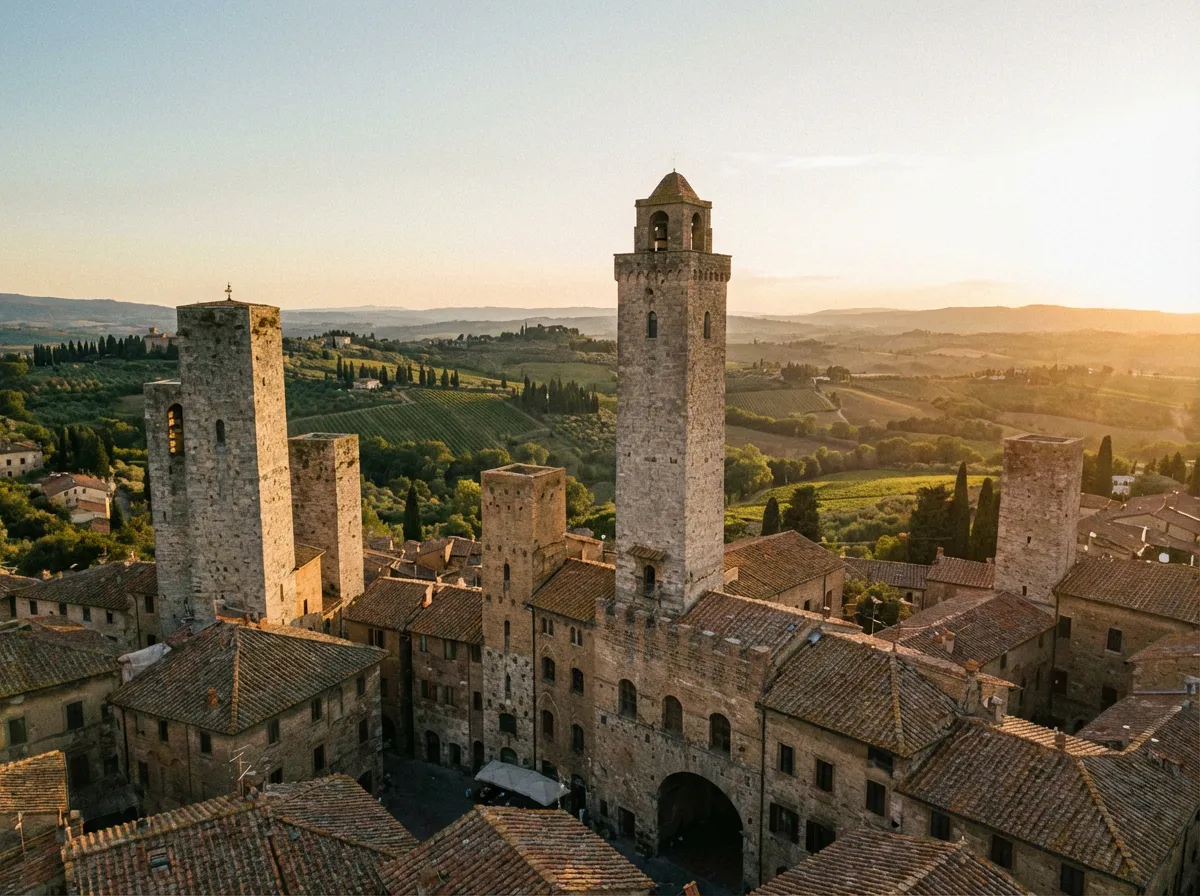 Kamienne wieże San Gimignano wystające ponad dachami miasteczka, toskańskie wzgórza w tle